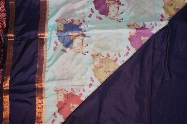 Premium Crepe Silk Saree – Light Blue Saree with Pichwai Digital Print and Navy Blue Contrast Border
