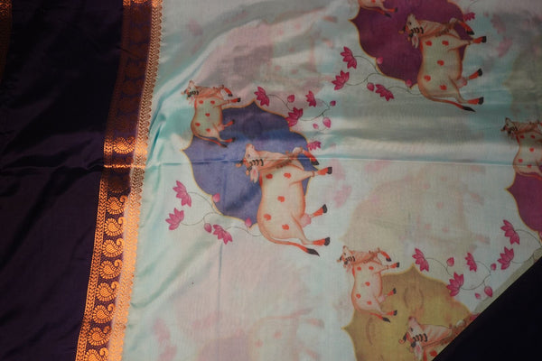 Premium Crepe Silk Saree – Light Blue Saree with Pichwai Digital Print and Navy Blue Contrast Border