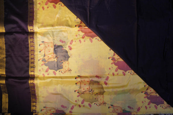 Premium Crepe Silk Saree – Yellow Saree with Pichwai Digital Print and Black Contrast Border
