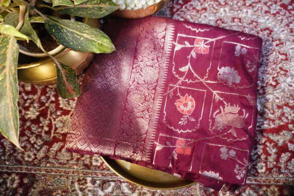 Premium Viscose Silk Saree – Wine Self Saree with Allover Digital Print