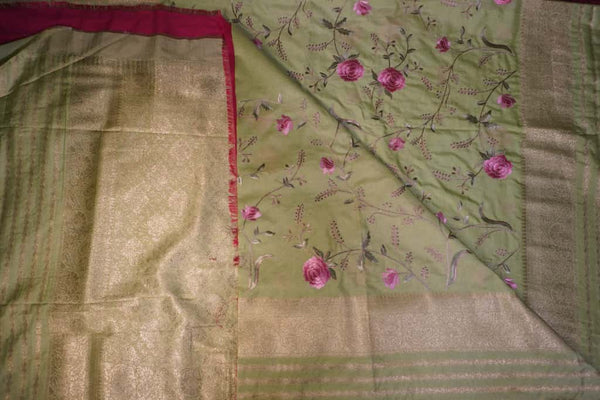 Premium Kashmiri Silk Saree – Pistachio Green Saree with Machine Embroidery & Bright Pink Contrast Blouse