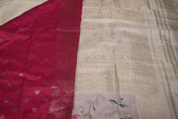 Premium Kashmiri Silk Saree – Off-White Saree with Machine Embroidery & Bright Pink Contrast Blouse