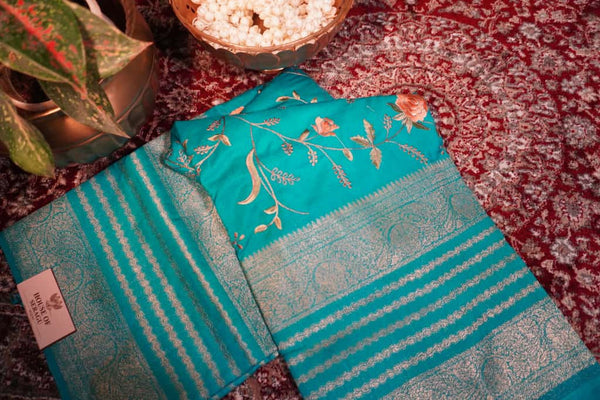 Premium Kashmiri Silk Saree – Sea Blue/Turquoise Blue Saree with Machine Embroidery & Bright Pink Contrast Blouse