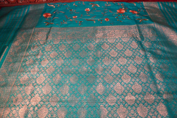 Premium Kashmiri Silk Saree – Sea Blue/Turquoise Blue Saree with Machine Embroidery & Bright Pink Contrast Blouse