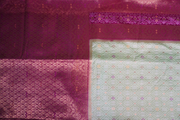 Ikat Saree – Pista Green with Bright Pink Border