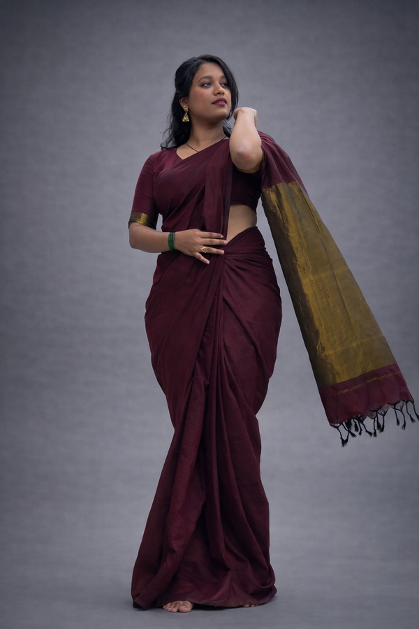 Mandhakini – Maroon Khadi Cotton Saree with Copper Gold Pallu & Tassels