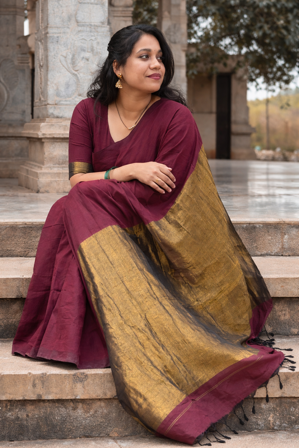 Mandhakini – Maroon Khadi Cotton Saree with Copper Gold Pallu & Tassels