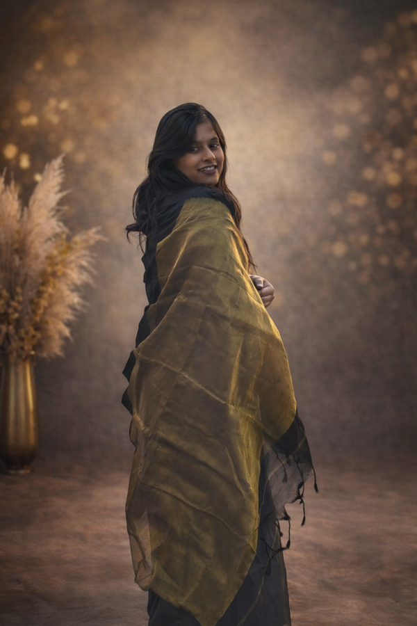 Mandhara – Black Khadi Cotton Saree with Copper Gold Pallu & Tassels
