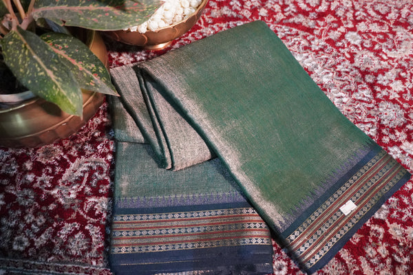 Tissue Saree with Temple Border – Olive Green with Royal Blue