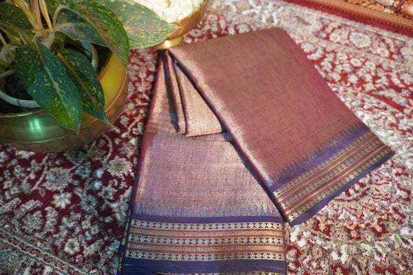 Tissue Saree with Temple Border – Deep Magenta with Royal Blue