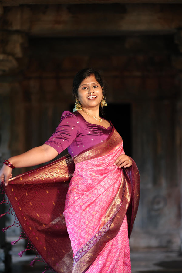 Ikat Saree – Pink with Wine Border