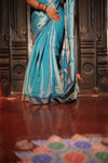 Tissue Saree with Temple Border – Light Blue with Royal Blue
