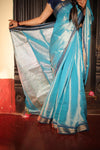 Tissue Saree with Temple Border – Light Blue with Royal Blue
