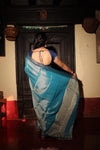 Tissue Saree with Temple Border – Light Blue with Royal Blue