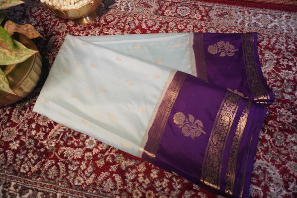 Premium Crepe Silk Saree with Contrast Blouse – Light Blue with Violet