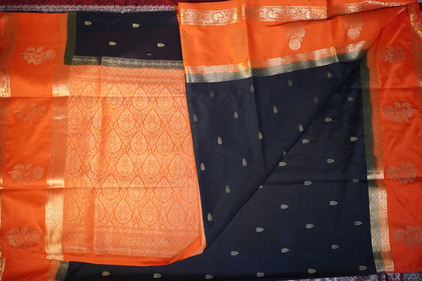 Premium Crepe Silk Saree with Contrast Blouse – Black with Orange
