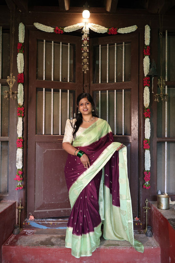 Premium Crepe Silk Saree with Contrast Blouse – Maroon with Pista Green