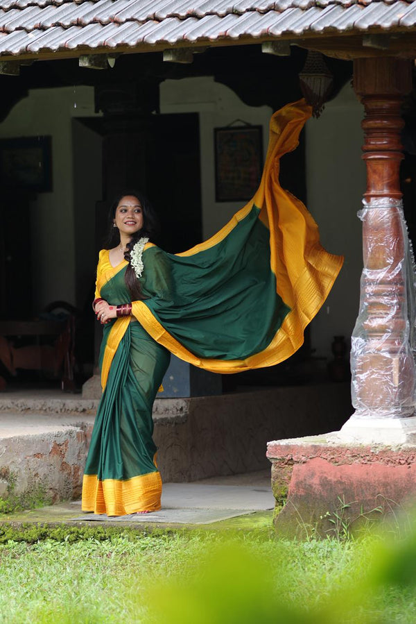 Premium Green Crepe Saree with Yellow Border