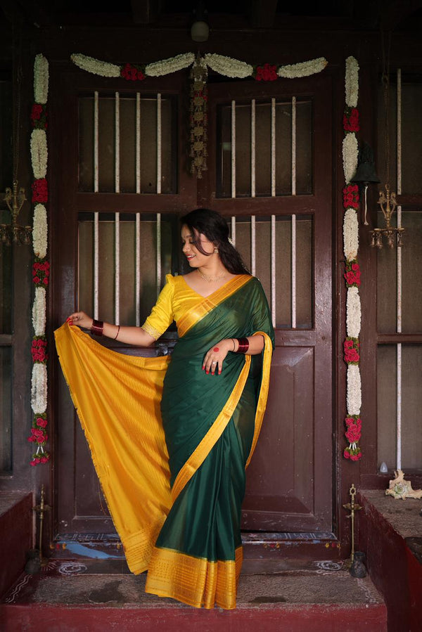 Premium Green Crepe Saree with Yellow Border