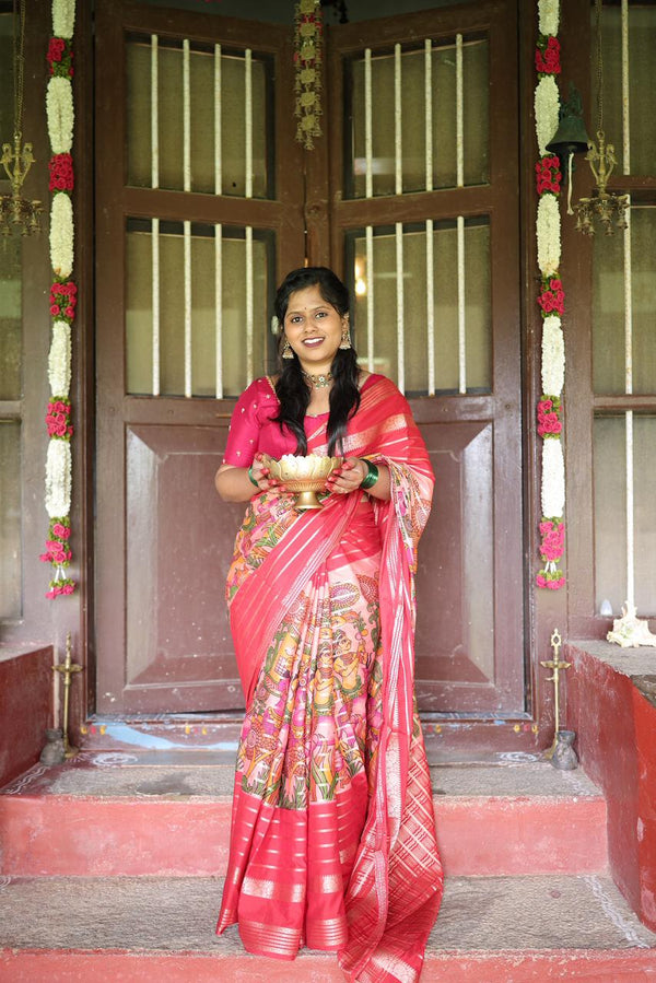 Premium Crepe Silk Saree – Peach with Red Digital Kalamkari 3D Print