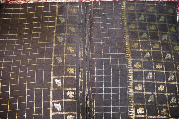 Premium Viscose Semi Silk Saree – Black Self Saree with Big Checks