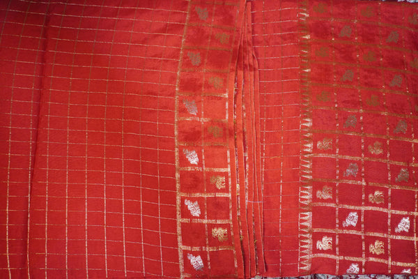 Premium Viscose Semi Silk Saree – Red Self Saree with Big Checks