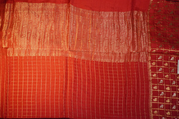 Premium Viscose Semi Silk Saree – Red Self Saree with Big Checks