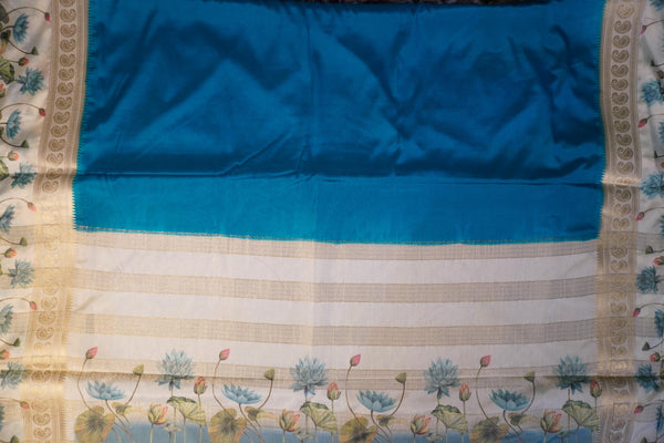 Premium Crepe Silk Saree – Teal Blue Saree with White Floral Contrast Border