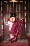 Premium Crepe Silk Saree – Pink Saree with Pichwai Digital Print and Maroon Contrast Border