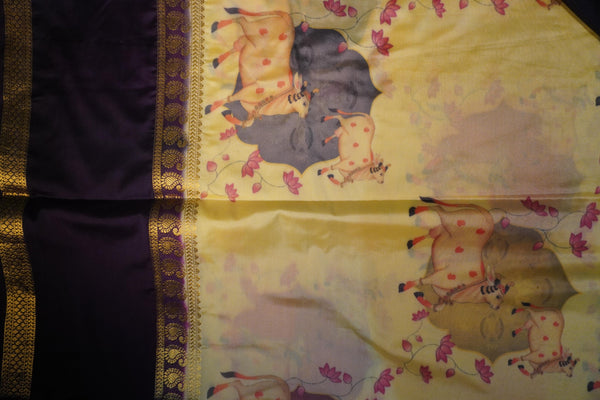 Premium Crepe Silk Saree – Yellow Saree with Pichwai Digital Print and Black Contrast Border