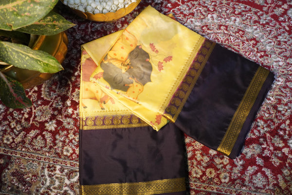 Premium Crepe Silk Saree – Yellow Saree with Pichwai Digital Print and Black Contrast Border