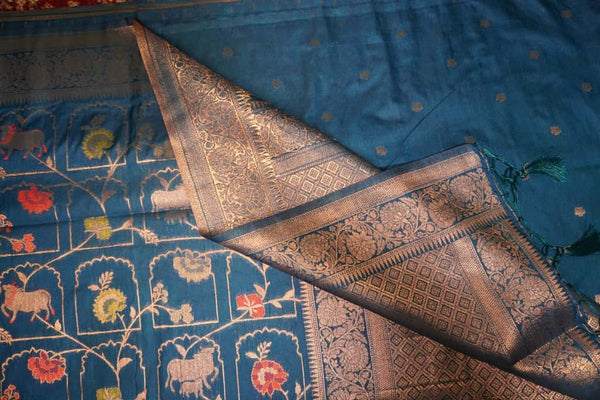 Premium Viscose Silk Saree – Teal Blue Self Saree with Allover Digital Print