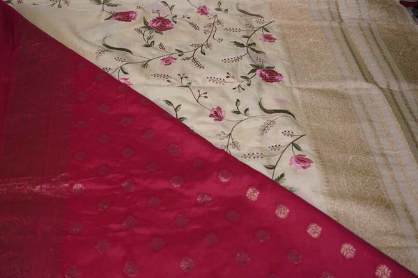 Premium Kashmiri Silk Saree – Off-White Saree with Machine Embroidery & Bright Pink Contrast Blouse