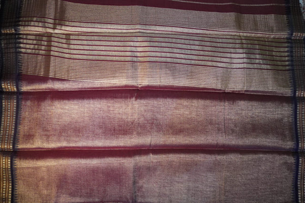 Tissue Saree with Temple Border – Deep Magenta with Royal Blue