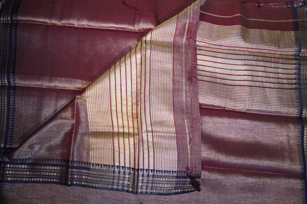 Tissue Saree with Temple Border – Deep Magenta with Royal Blue